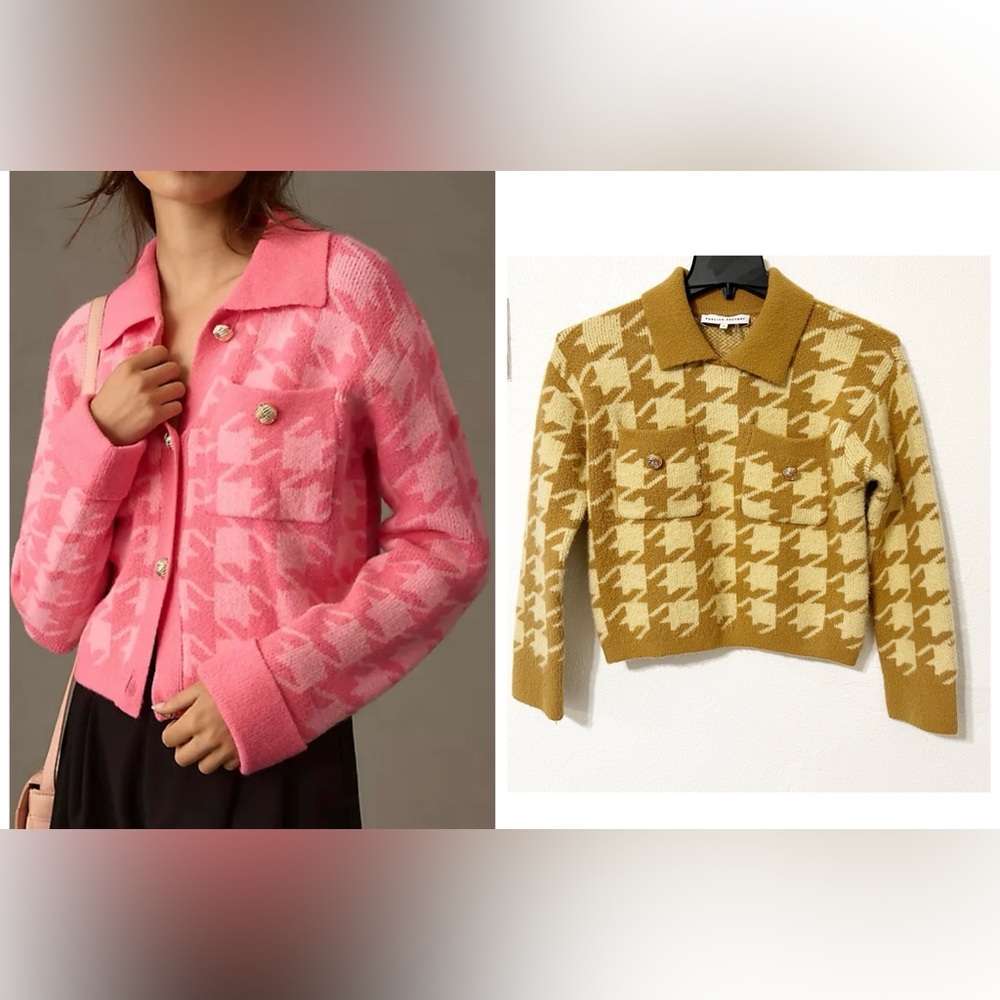 English Factory Anthropology Cropped Houndstooth Cardigan Sweater Gold Buttons S